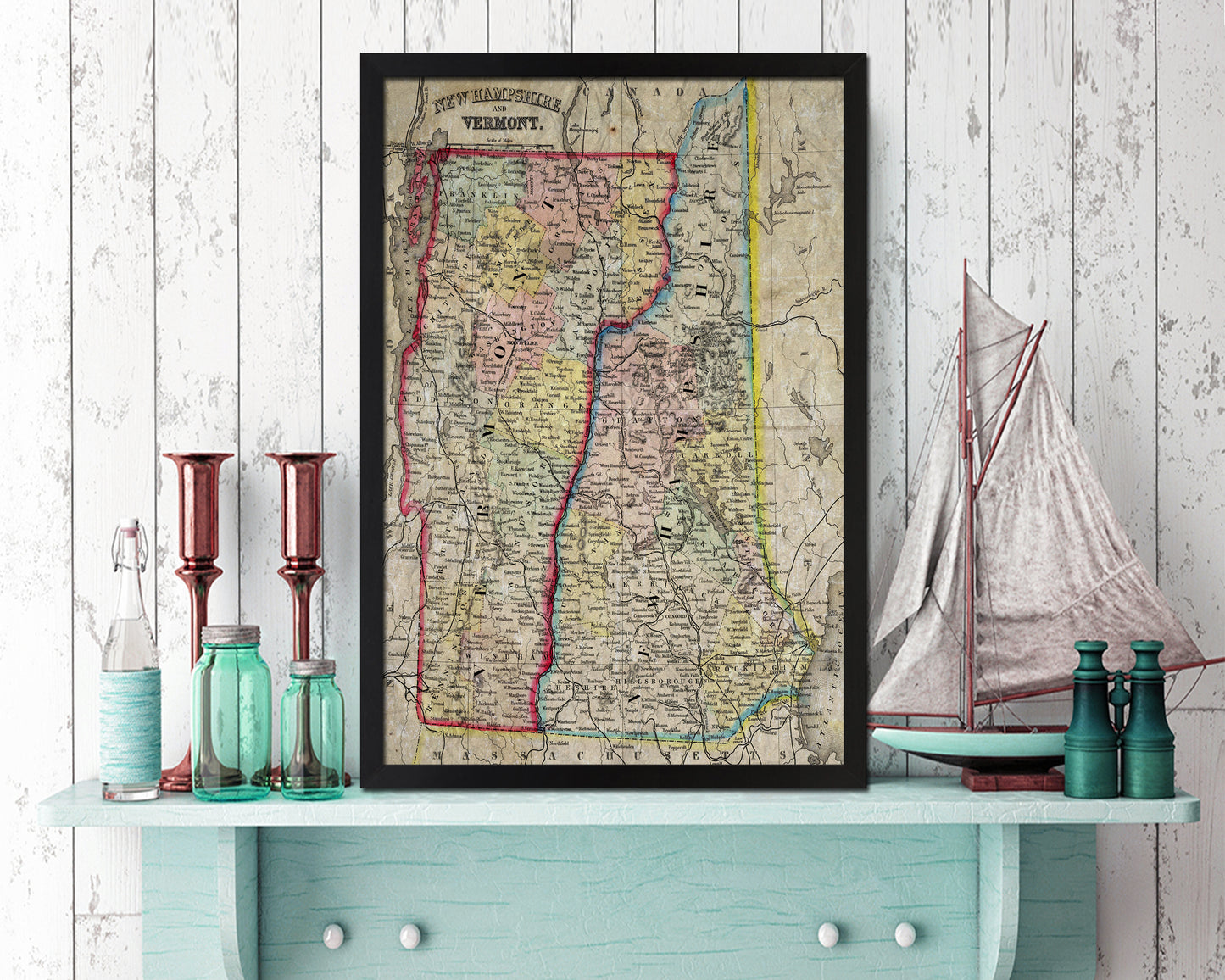 New Hampshire and Vermont Historical Map Wood Framed Print Art Wall Decor Gifts