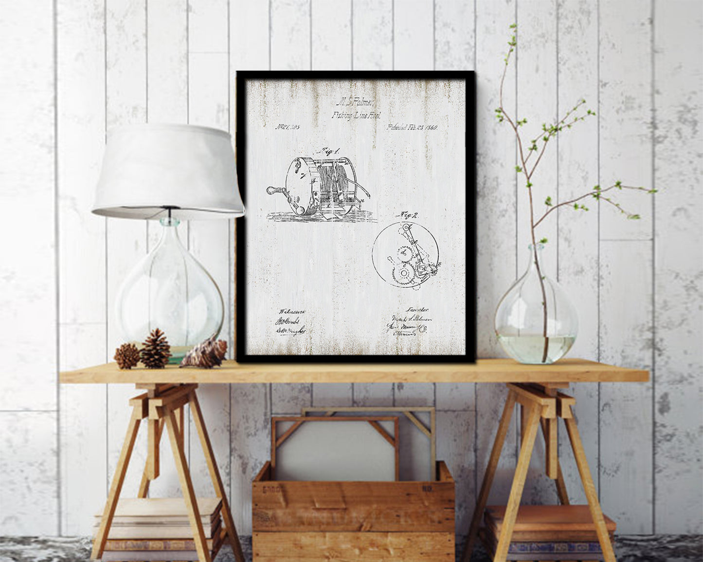 Line Reel Fishing Vintage Patent Artwork Black Frame Print Wall Art Decor Gifts