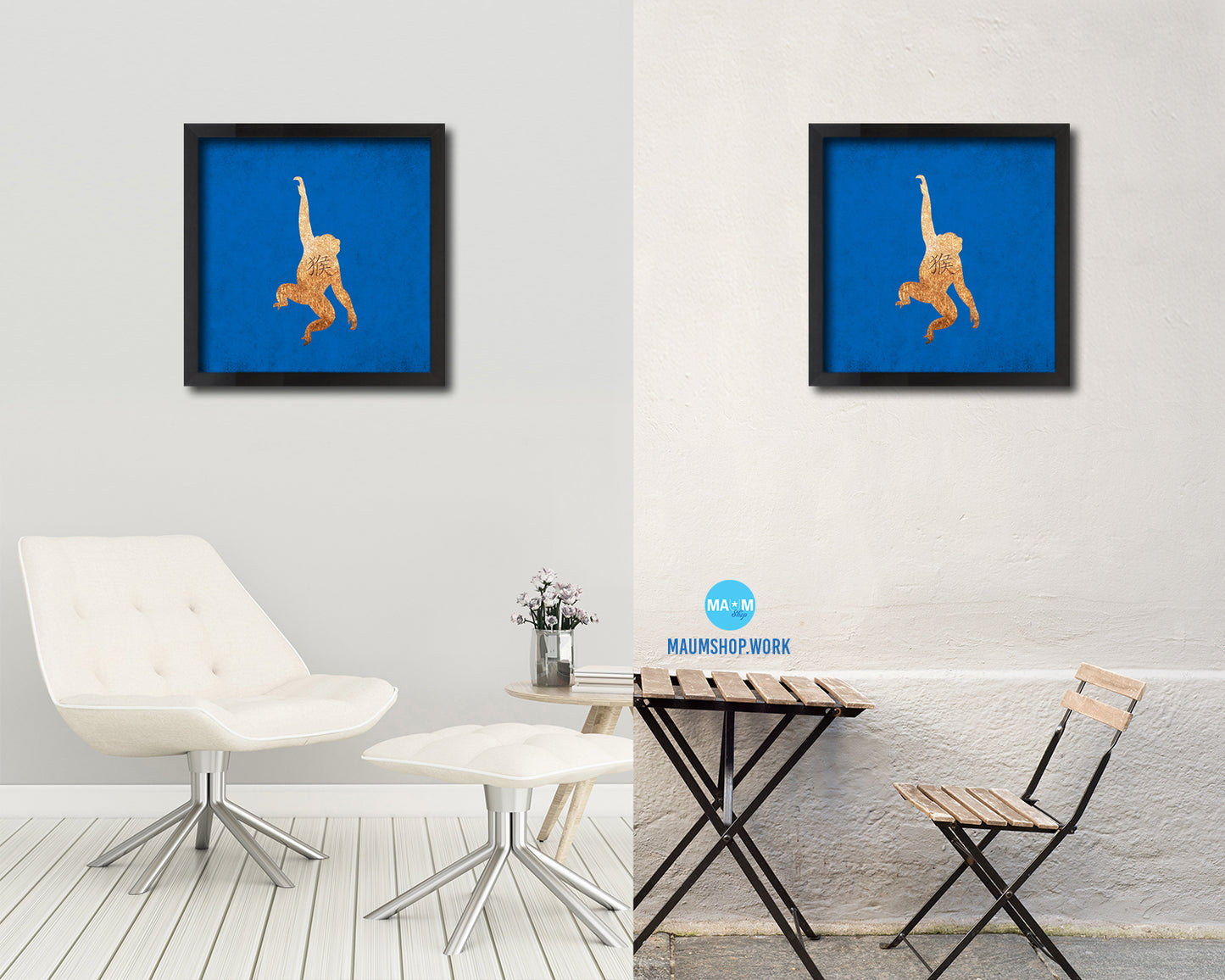 Monkey Chinese Zodiac Character Wood Framed Print Wall Art Decor Gifts, Blue