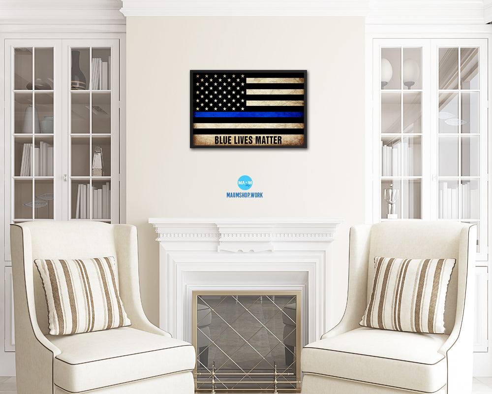 Thin Blue Line Honoring Law Enforcement American, Blue lives matter Vintage Military Flag Framed Print Art