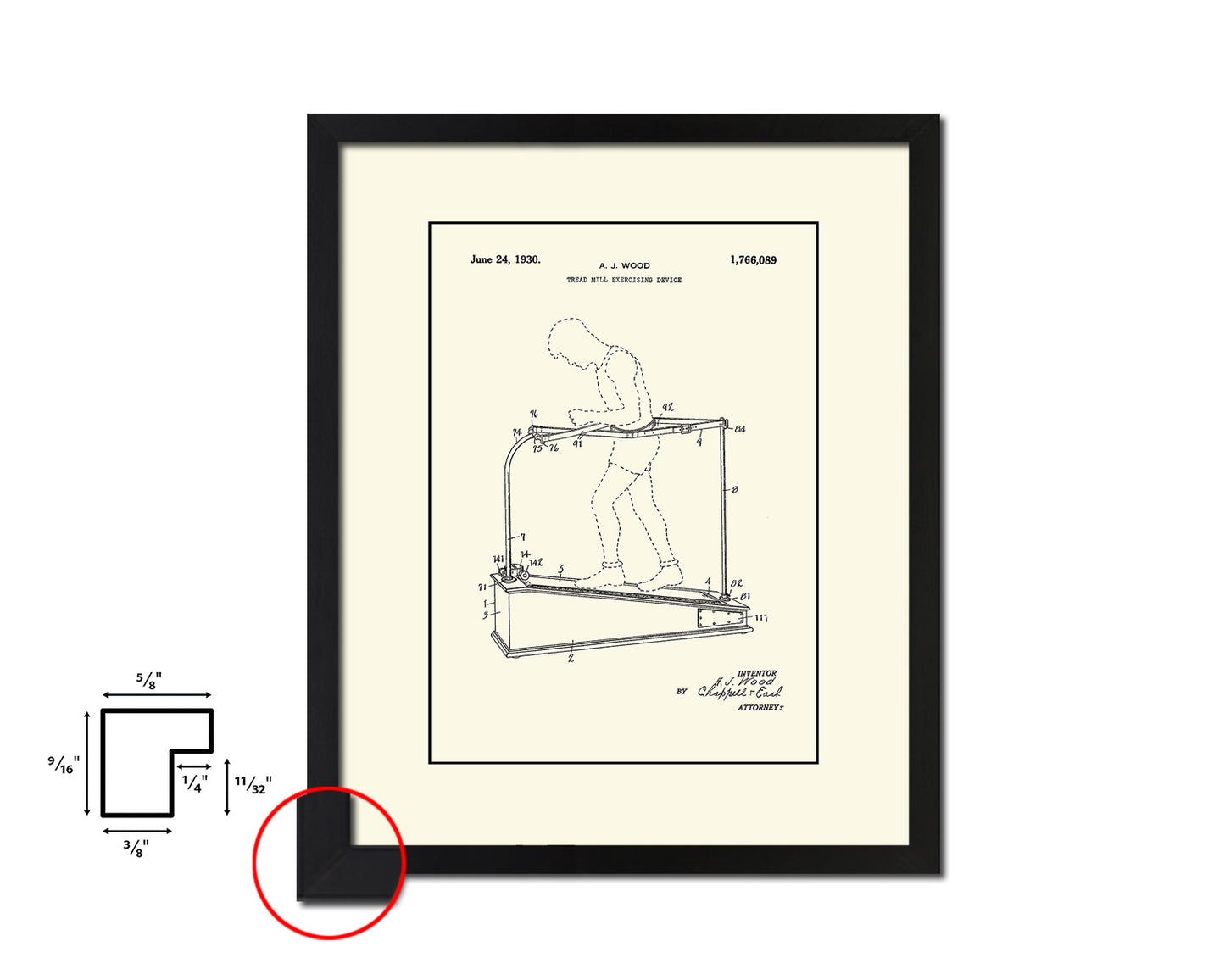 Exercise Treadmill Sports Vintage Patent Artwork Black Frame Print Gifts