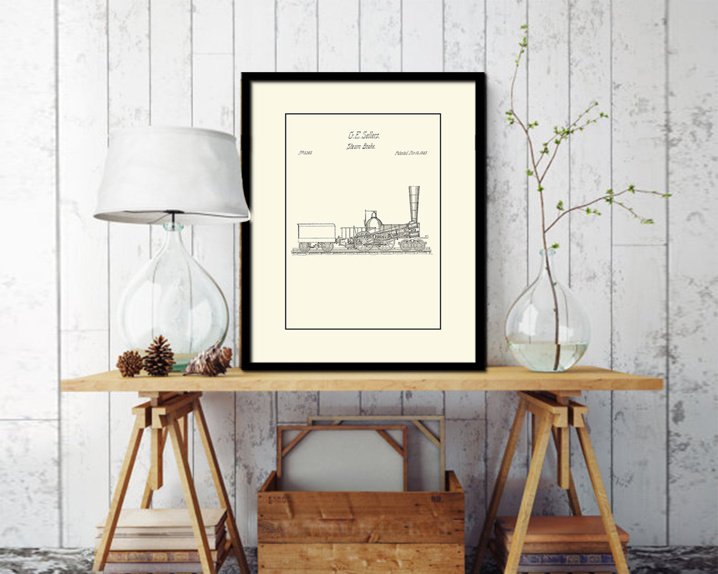 Steam Brake Train Vintage Patent Artwork Black Frame Print Gifts