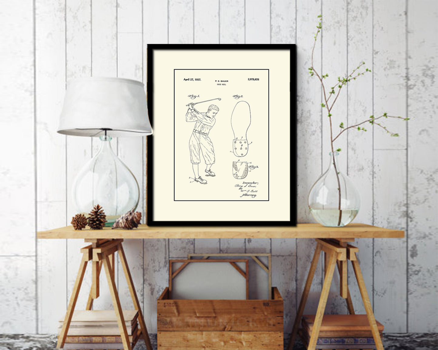 Golf Shoe Heel Sports Vintage Patent Artwork Black Frame Print Gifts