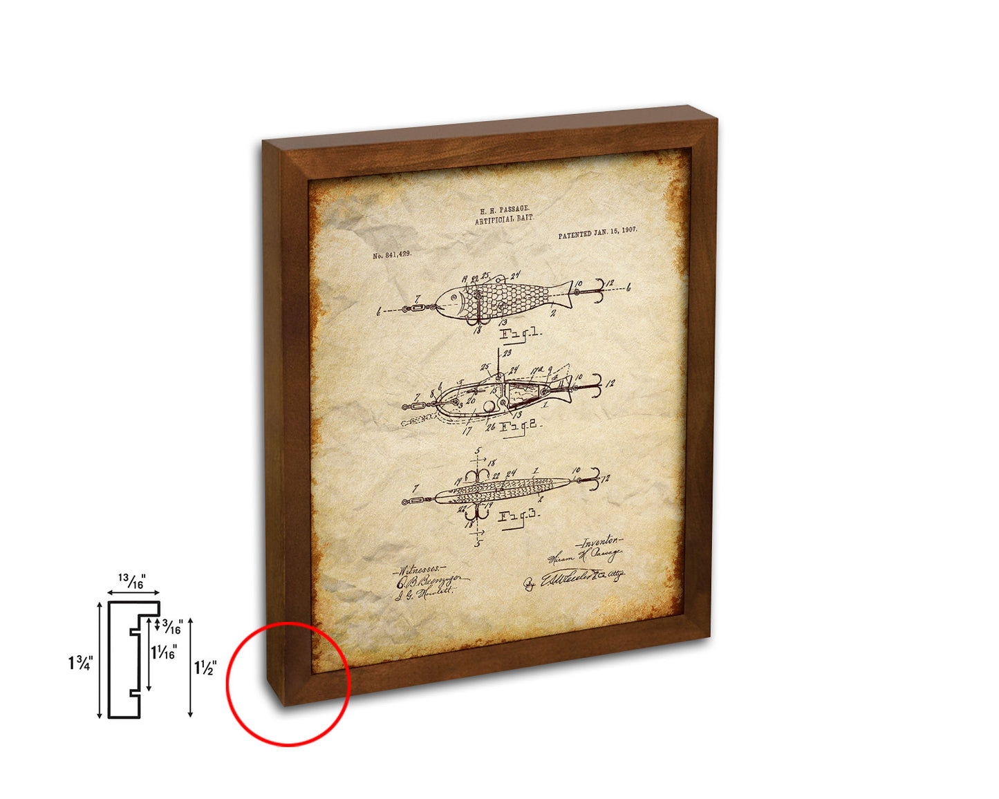 Artificial Bait Fishing Vintage Patent Artwork Walnut Frame Print Wall Art Decor Gifts