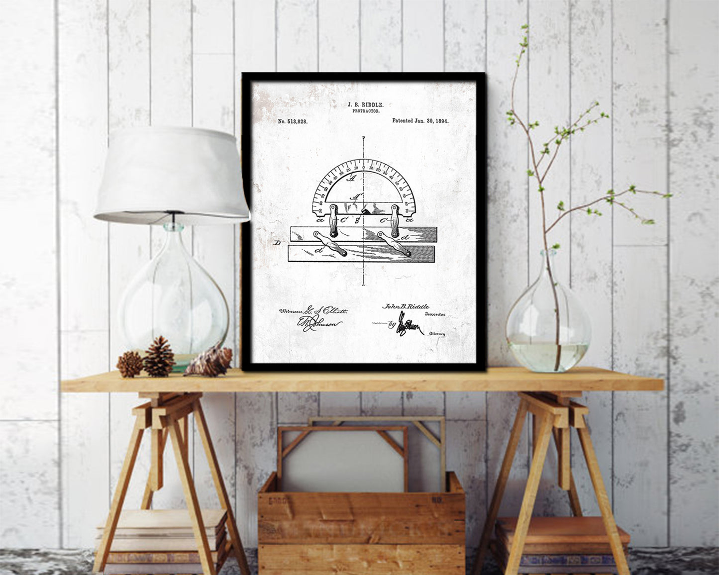 Protractor Office Vintage Patent Artwork Black Frame Print Gifts