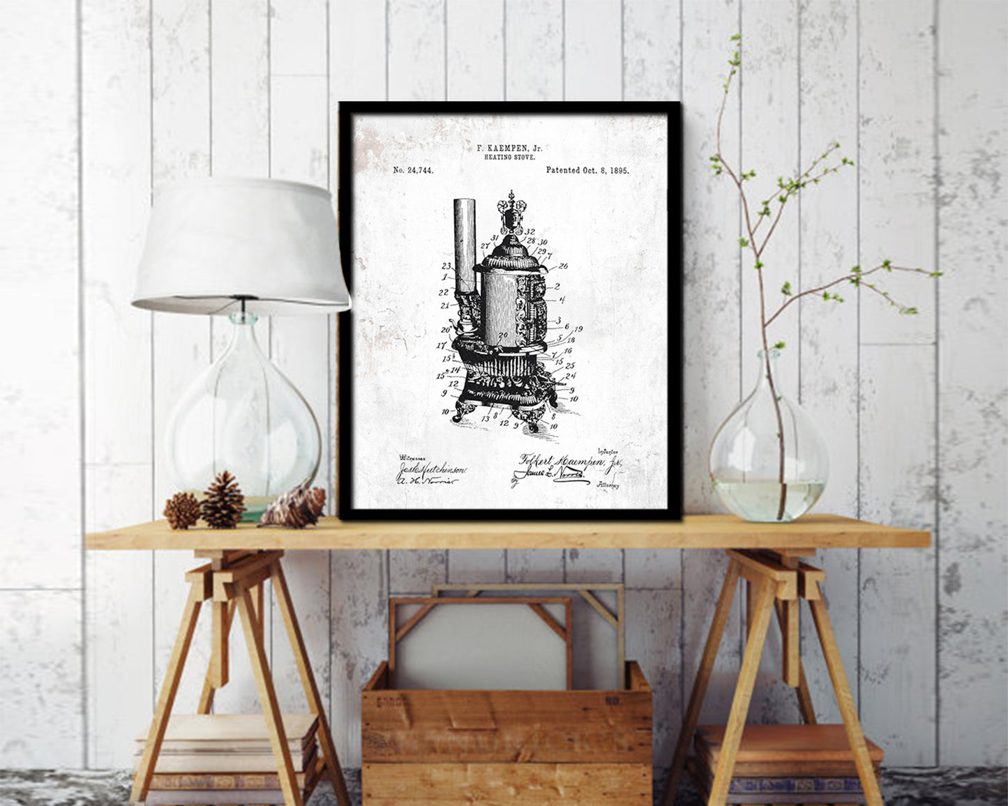 Heating Stove Design Kitchen Vintage Patent Artwork Black Frame Print Gifts