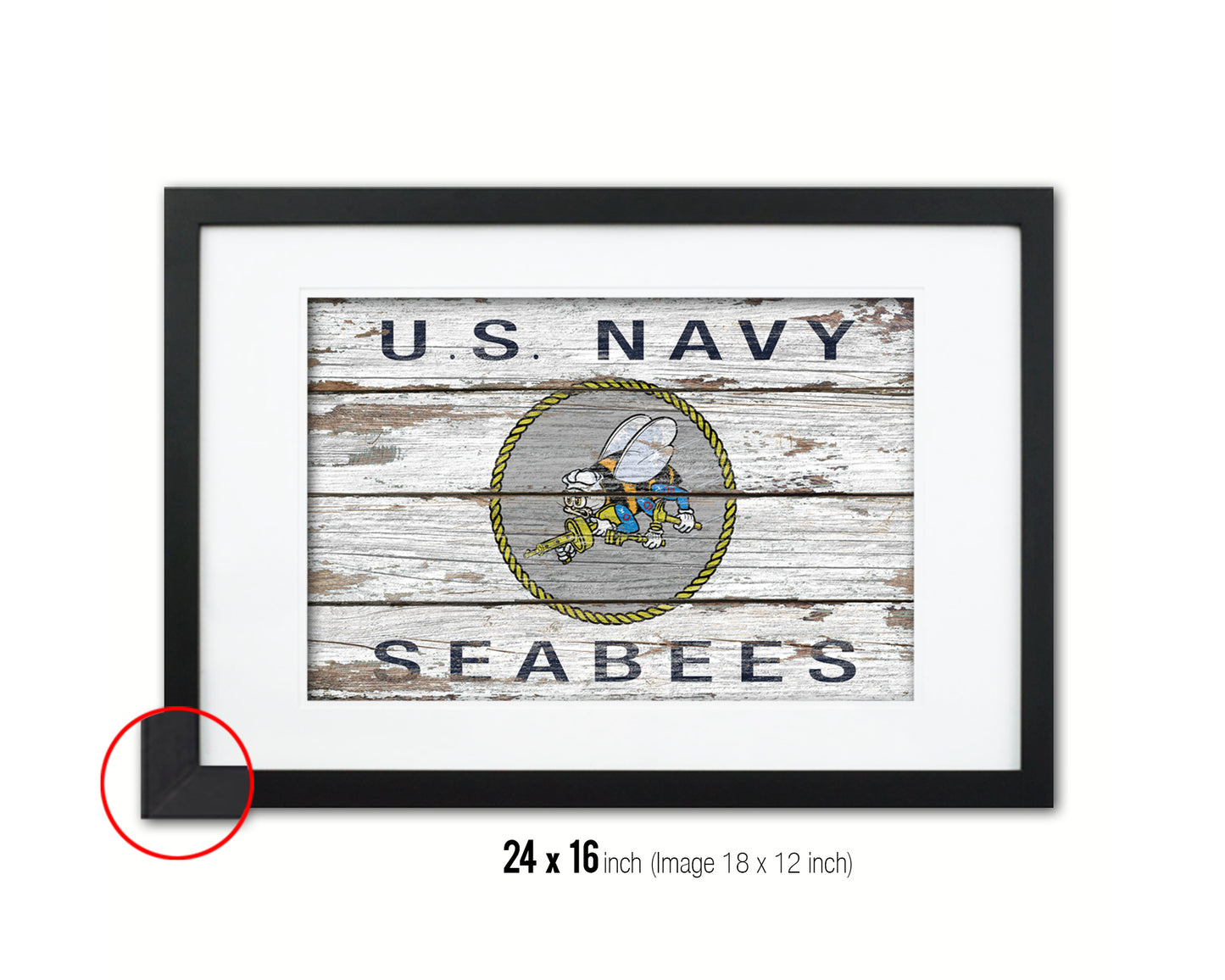 US Navy Seabees Wood Rustic Flag Wood Framed Print Wall Art Decor Gifts