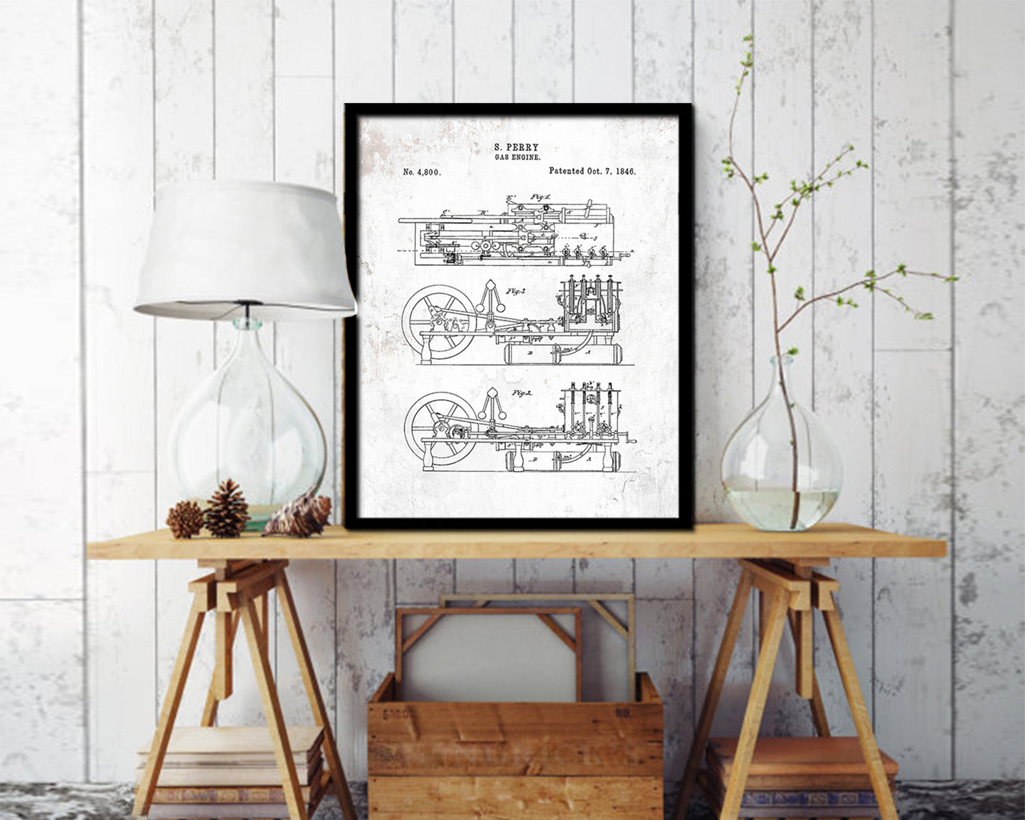 Gas Engine Train Vintage Patent Artwork Black Frame Print Gifts