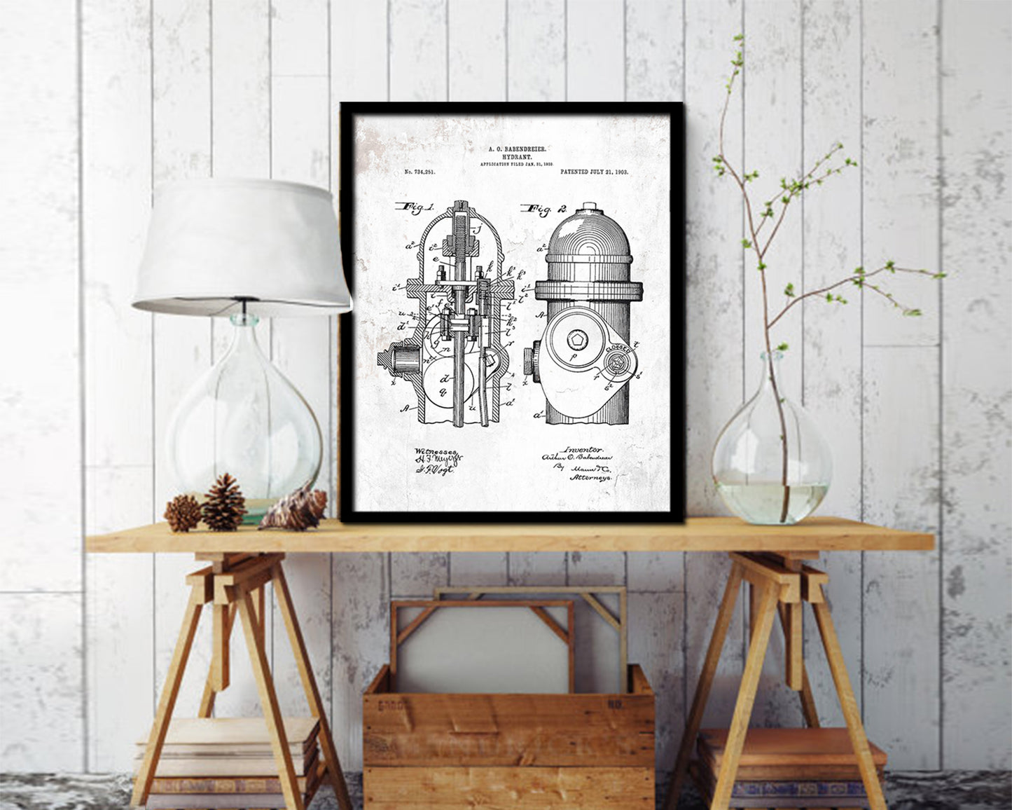 Hydrant Firefighter Vintage Patent Artwork Black Frame Print Gifts