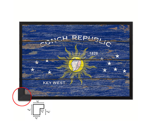 Conch Republic Key West City Florida State Rustic Flag Wood Framed Paper Prints Decor Wall Art Gifts