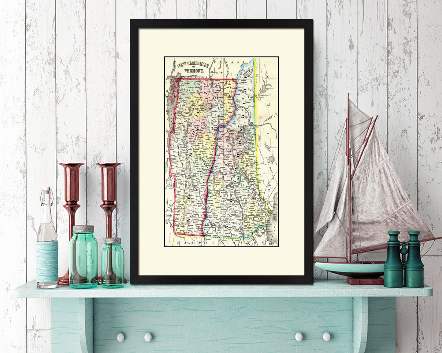 New Hampshire and Vermont Old Map Wood Framed Print Art Wall Decor Gifts