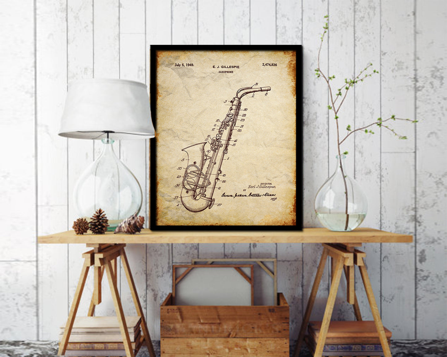 Saxophone Music Vintage Patent Artwork Walnut Frame Print Wall Art Decor Gifts