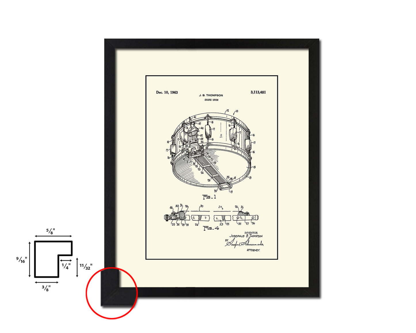 Snare Drum Music Vintage Patent Artwork Black Frame Print Wall Art Decor Gifts