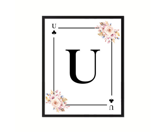 Letter U Personalized Boho Monogram Clover Card Decks Framed Print Wall Art Decor Gifts