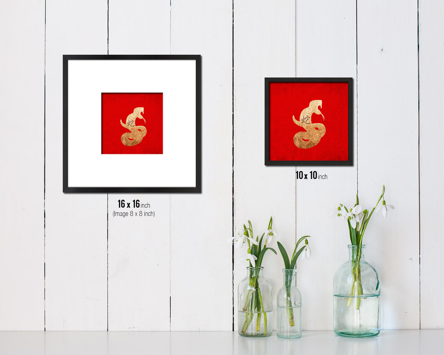 Snake Chinese Zodiac Character Wood Framed Print Wall Art Decor Gifts, Red