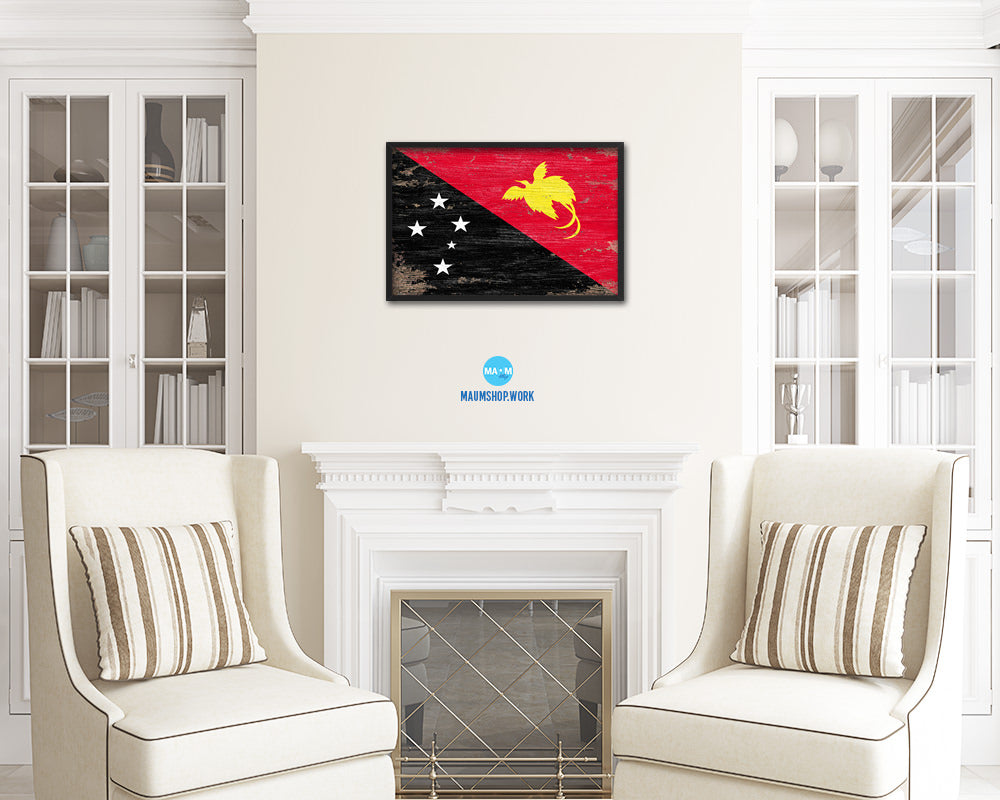 Papua New Guinea Shabby Chic Country Flag Wood Framed Print Wall Art Decor Gifts