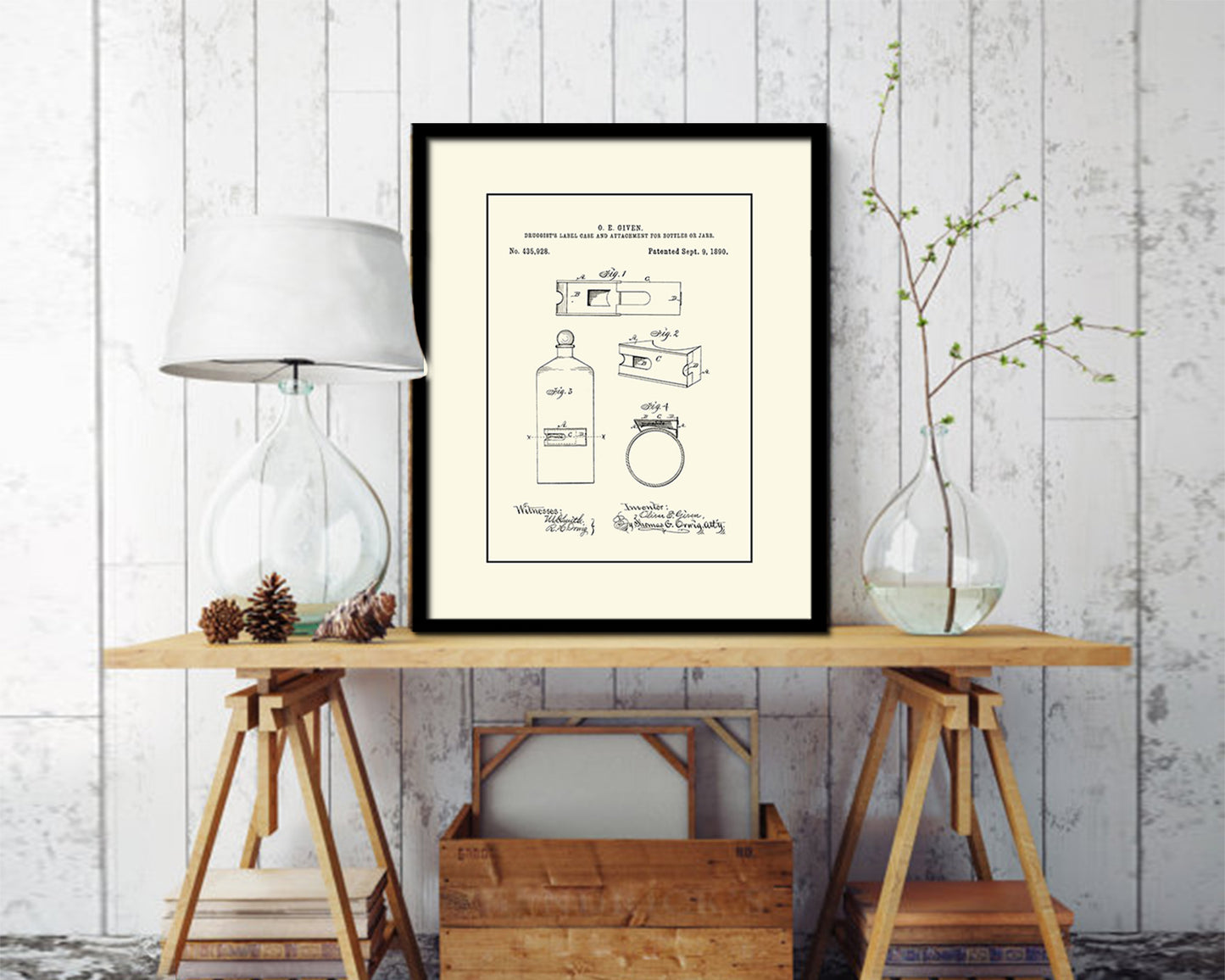 Label Case and Bottles or Jars Pharmacist Vintage Patent Artwork Black Frame Print Gifts