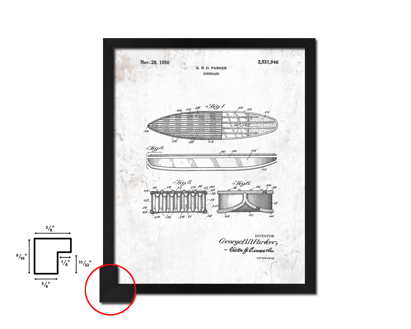 Surfboard Sports Vintage Patent Artwork Black Frame Print Gifts