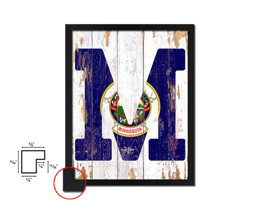 Minnesota State Initial Flag Wood Framed Paper Print Decor Wall Art Gifts, Beach