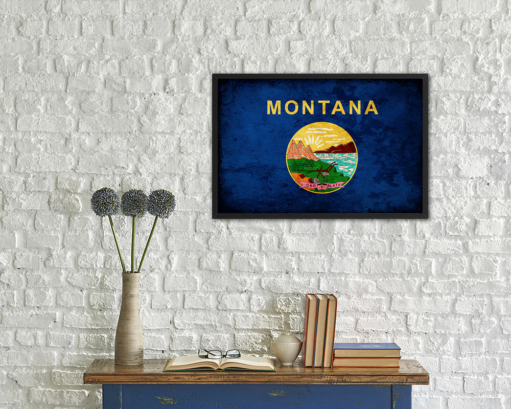 Montana State Vintage Flag Wood Framed Paper Print Wall Art Decor Gifts