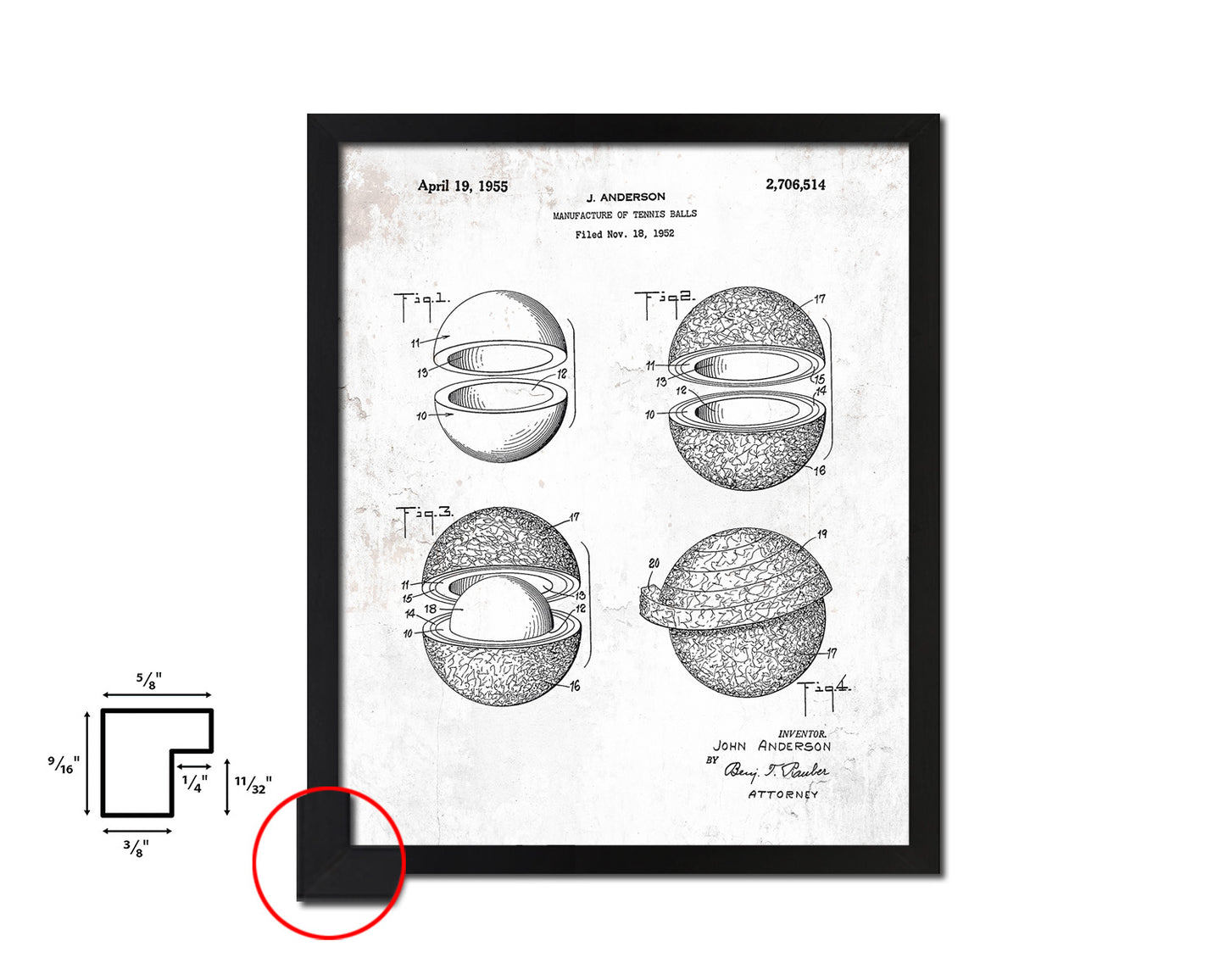 Tennis Ball Sports Vintage Patent Artwork Black Frame Print Gifts