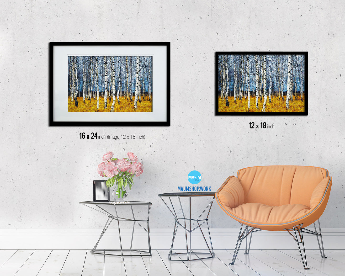 Birch Grove Tree Orange Grass Autumn Landscape Painting Print Art Frame Home Wall Decor Gifts