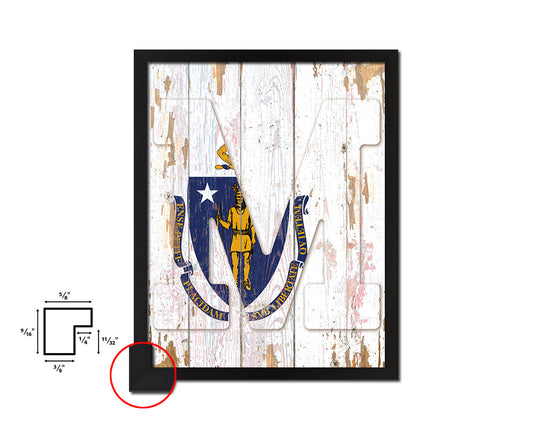 Massachusetts State Initial Flag Wood Framed Paper Print Decor Wall Art Gifts, Beach