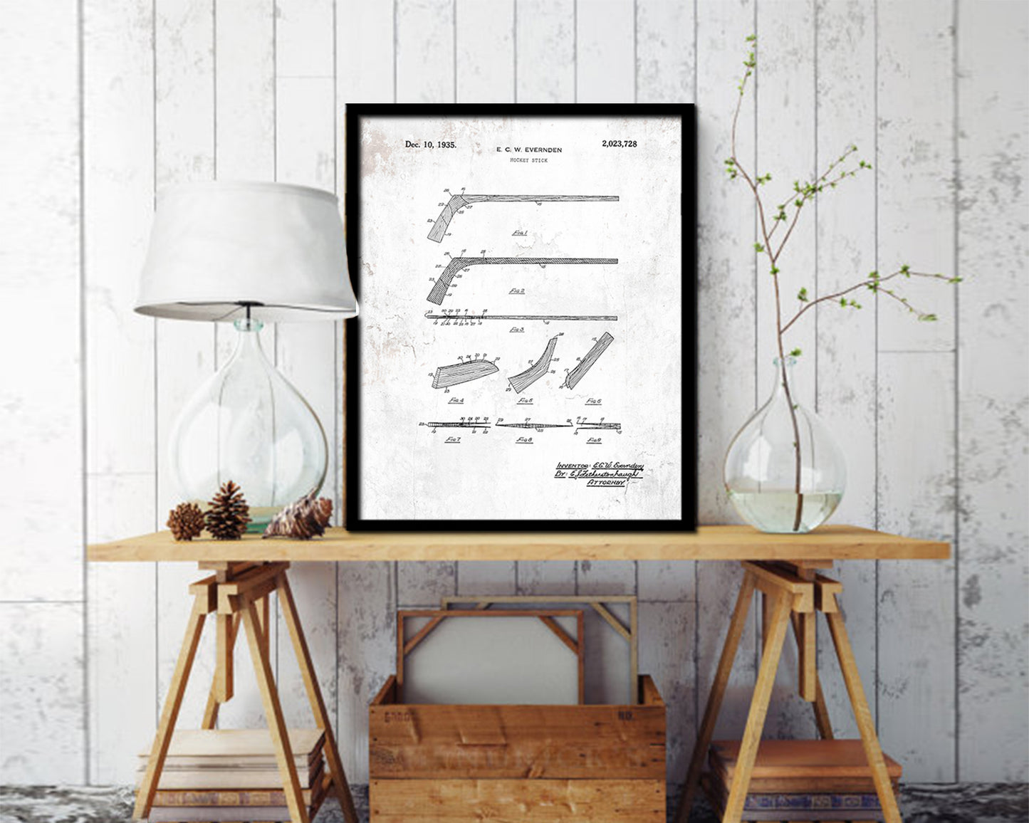 Hockey Stick Sports Vintage Patent Artwork Black Frame Print Gifts