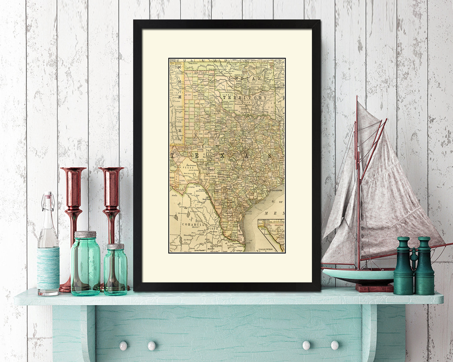 Texas with Oklahoma as Indian Territory Old Map Wood Framed Print Art Wall Decor Gifts