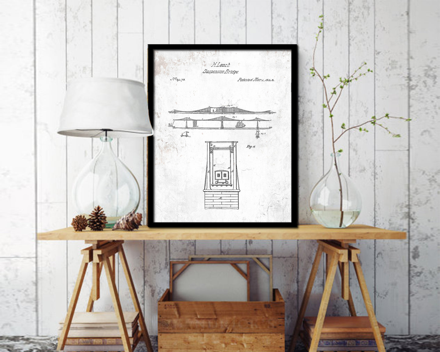 Suspension Bridge Nautical Vintage Patent Artwork Black Frame Print Gifts