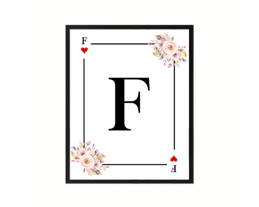 Letter F Personalized Boho Monogram Heart Playing Decks Framed Print Wall Art Decor Gifts