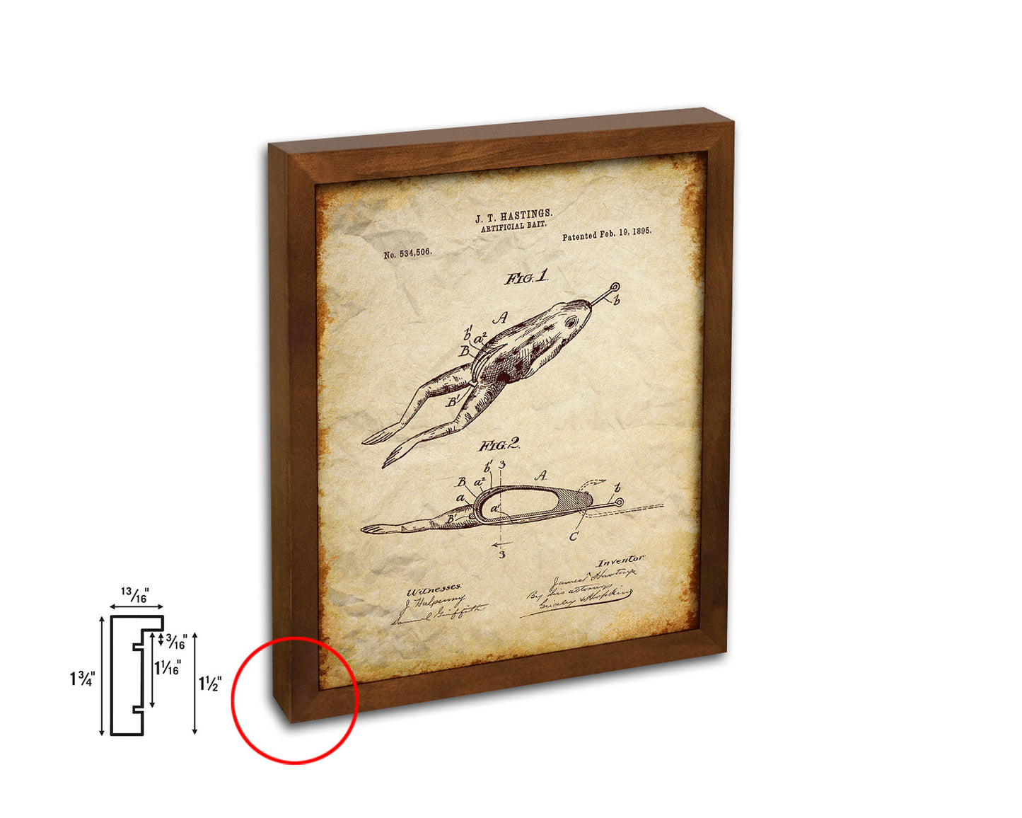 Artificial Bait Fishing Vintage Patent Artwork Walnut Frame Print Wall Art Decor Gifts