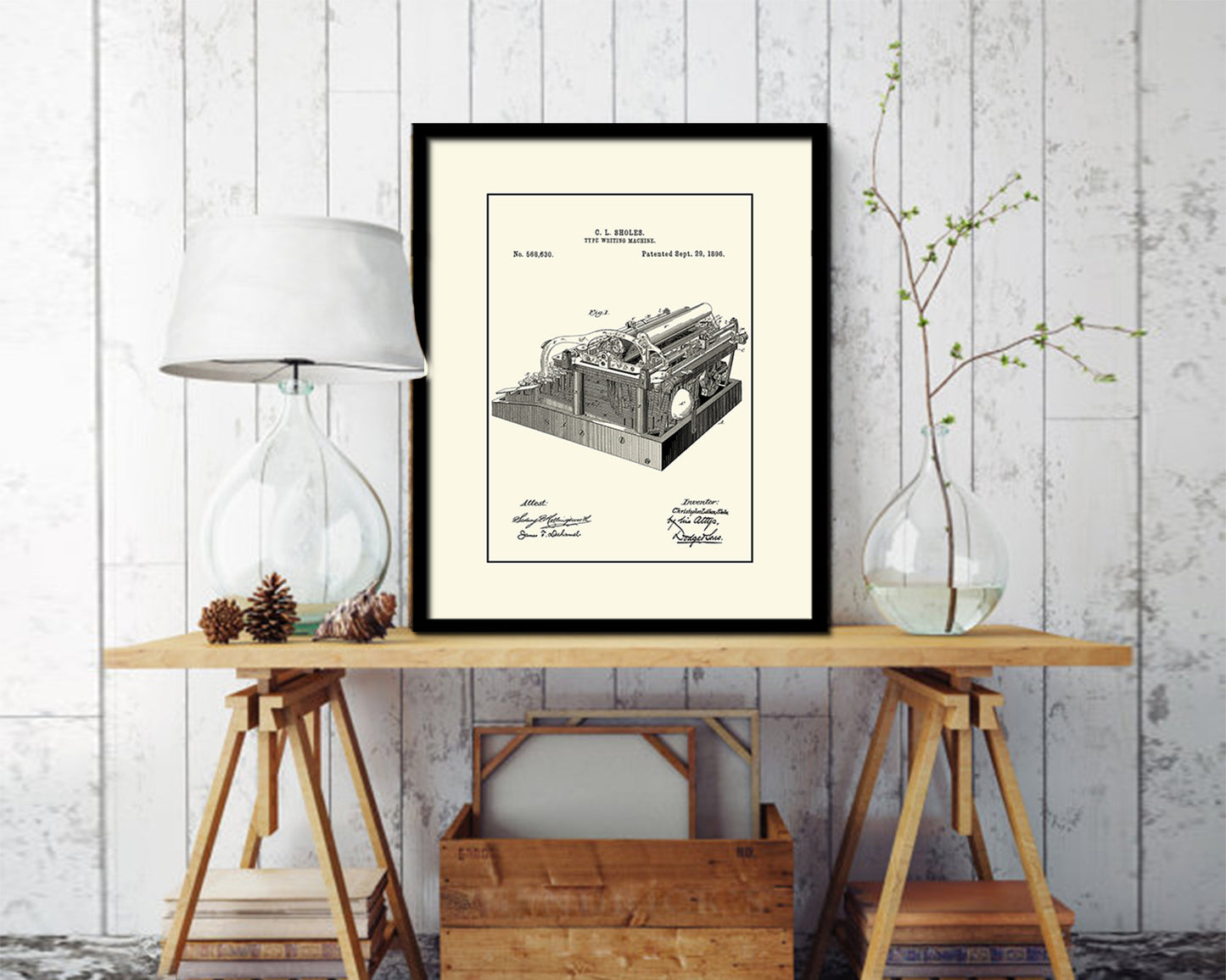 Type Writing Machine Tools Vintage Patent Artwork Black Frame Print Gifts