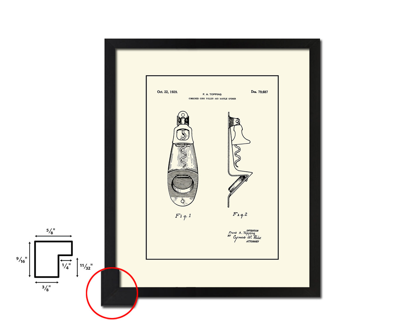 Cork Puller and Bottle Opener Wine Vintage Patent Artwork Black Frame Print Gifts