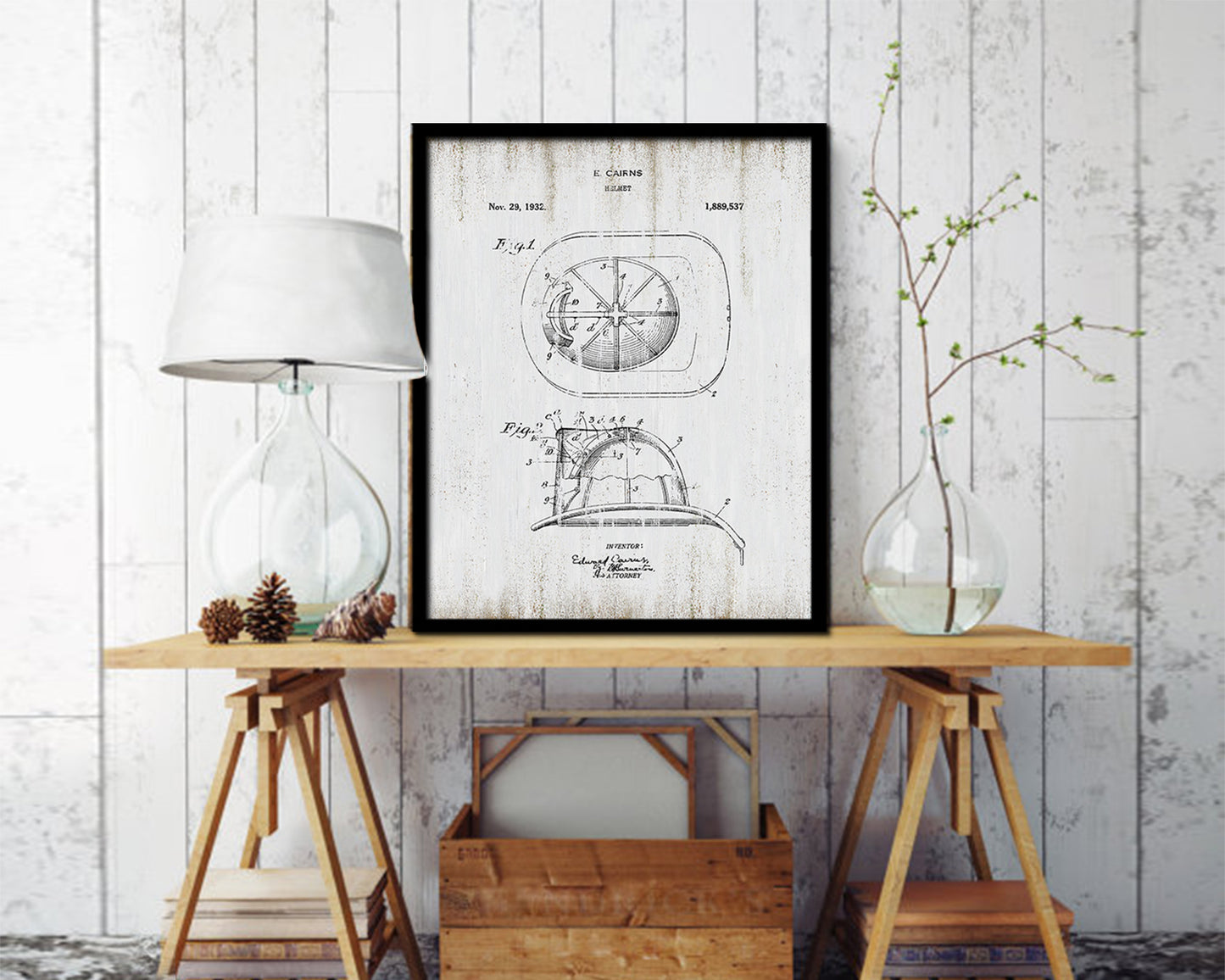 Firefighter Helmet Firefighter Vintage Patent Artwork Black Frame Print Gifts