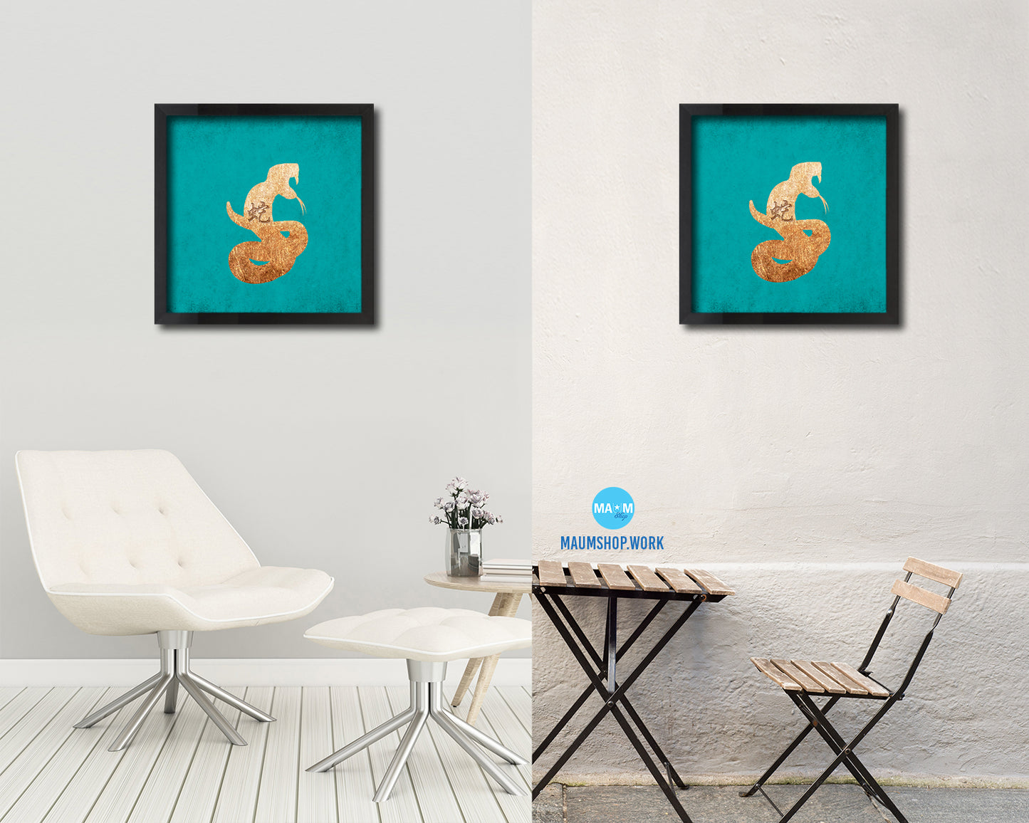 Snake Chinese Zodiac Character Wood Framed Print Wall Art Decor Gifts, Aqua