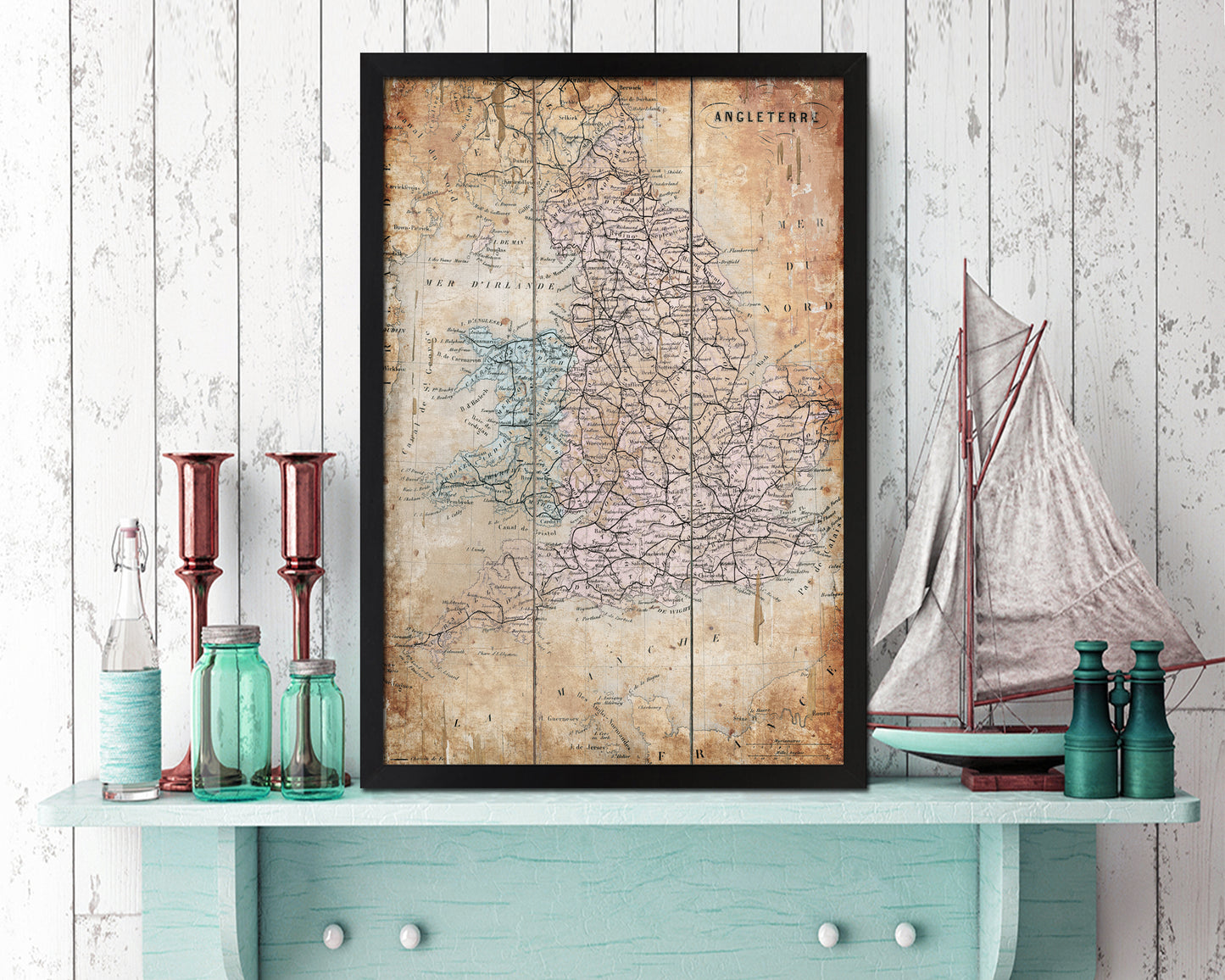 England and Wales Britain Antique Map Wood Framed Print Art Wall Decor Gifts