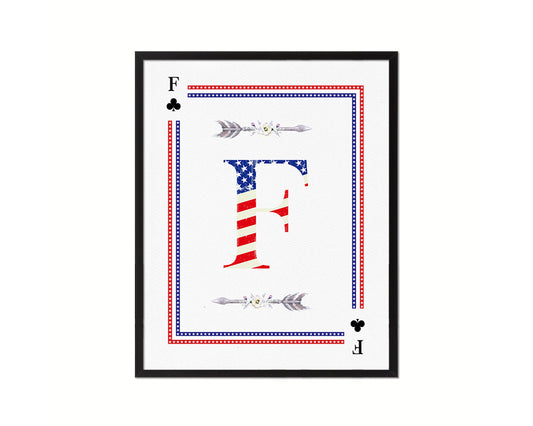 Letter F Custom Monogram Card Decks Clover American Flag Framed Print Wall Art Decor Gifts