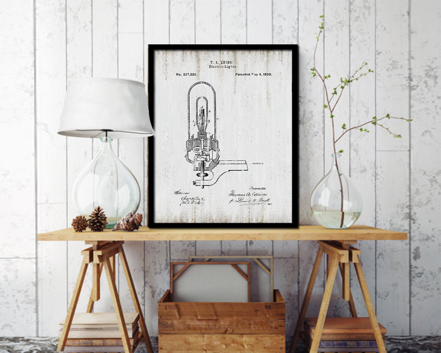 Electric Lights Edison Vintage Patent Artwork Black Frame Print Wall Art Decor Gifts