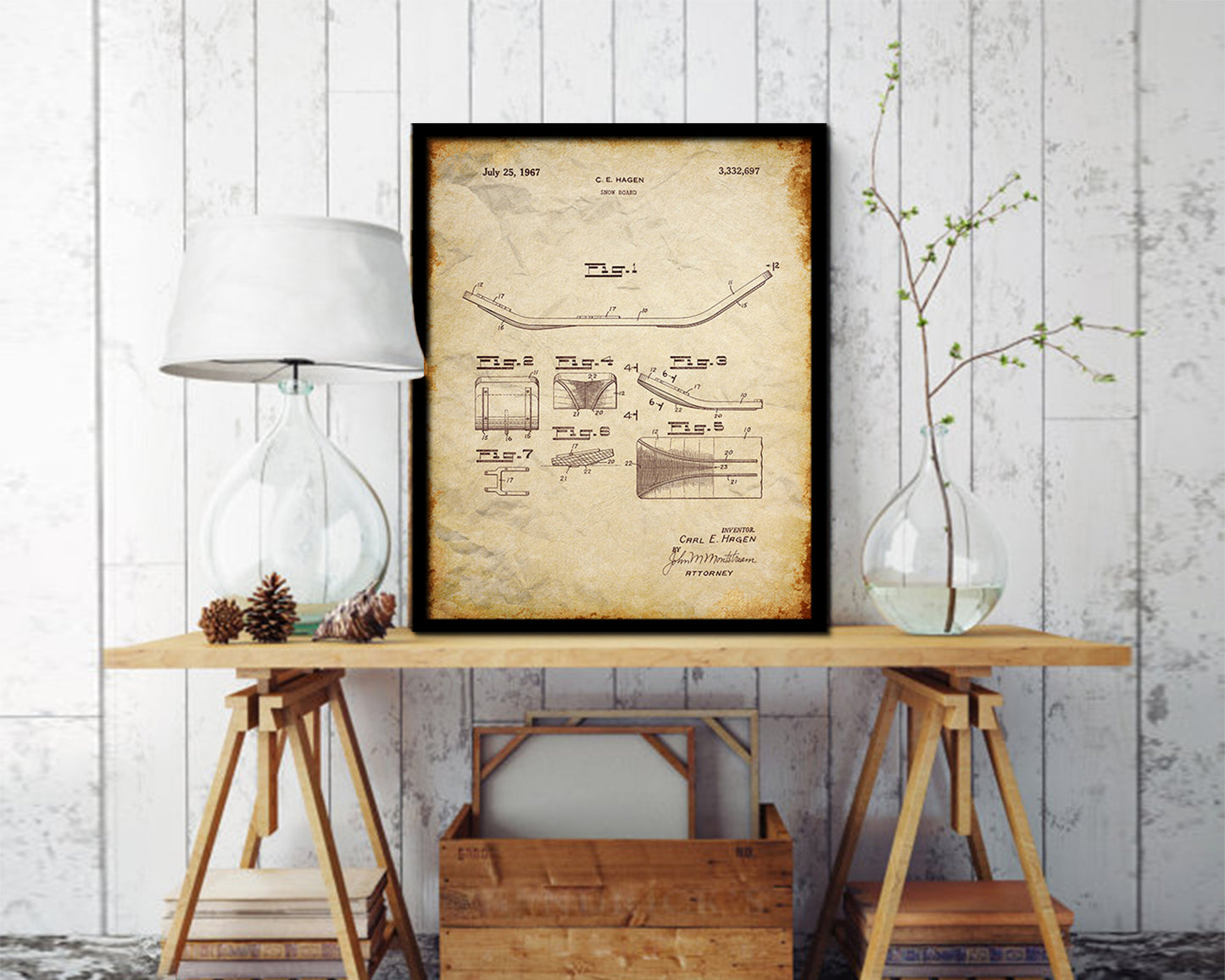 Snowboard Sports Vintage Patent Artwork Walnut Frame Gifts