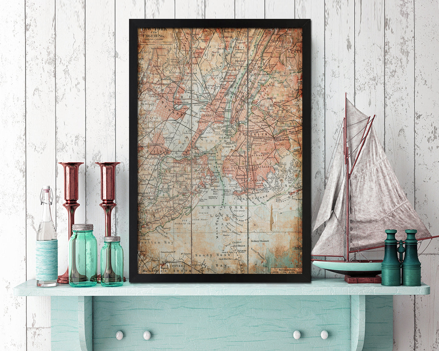 New York End of the Century Period Antique Map Framed Print Art Gifts