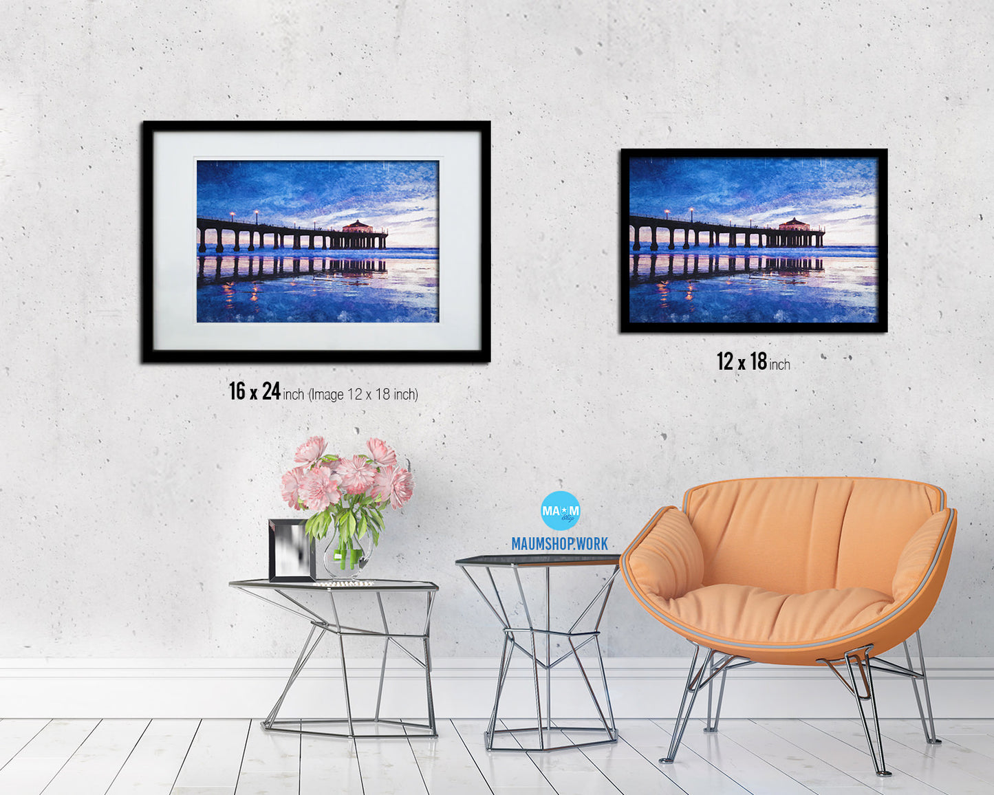 Manhattan Beach Pier Low Tide, Sunset Artwork Painting Print Art Frame Home Wall Decor Gifts