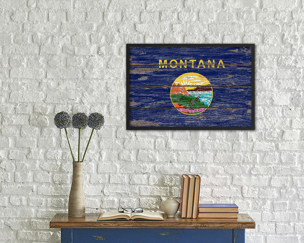 Montana State Rustic Flag Wood Framed Paper Prints Wall Art Decor Gifts