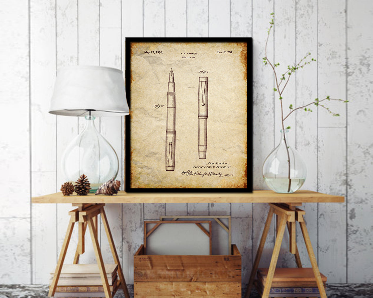 Fountain Pen Office Vintage Patent Artwork Walnut Frame Gifts