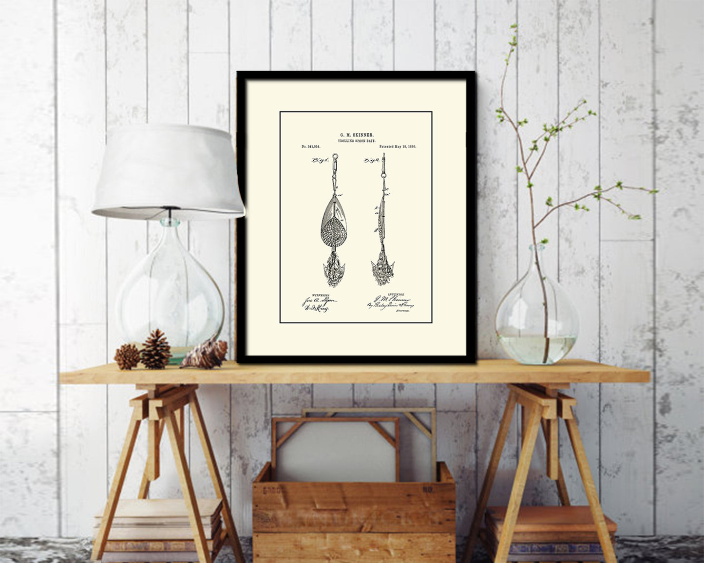 Trolling Spoon Bait Fishing Vintage Patent Artwork Black Frame Print Gifts