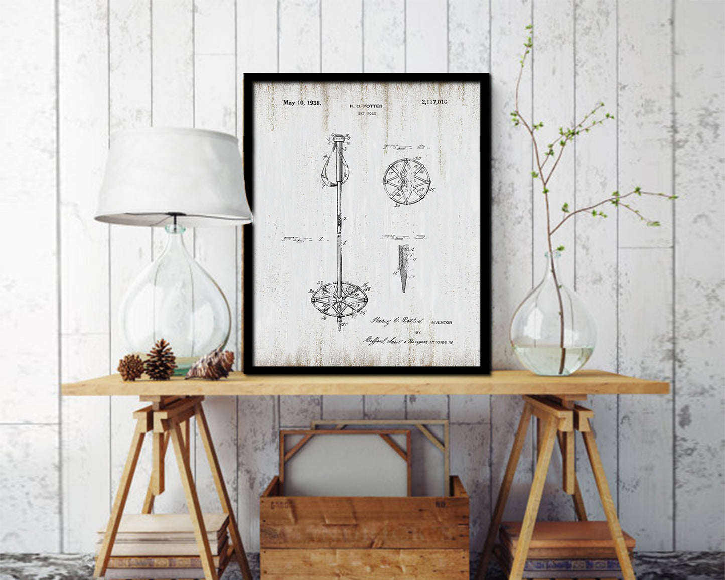 Ski Pole Sports Vintage Patent Artwork Black Frame Print Gifts