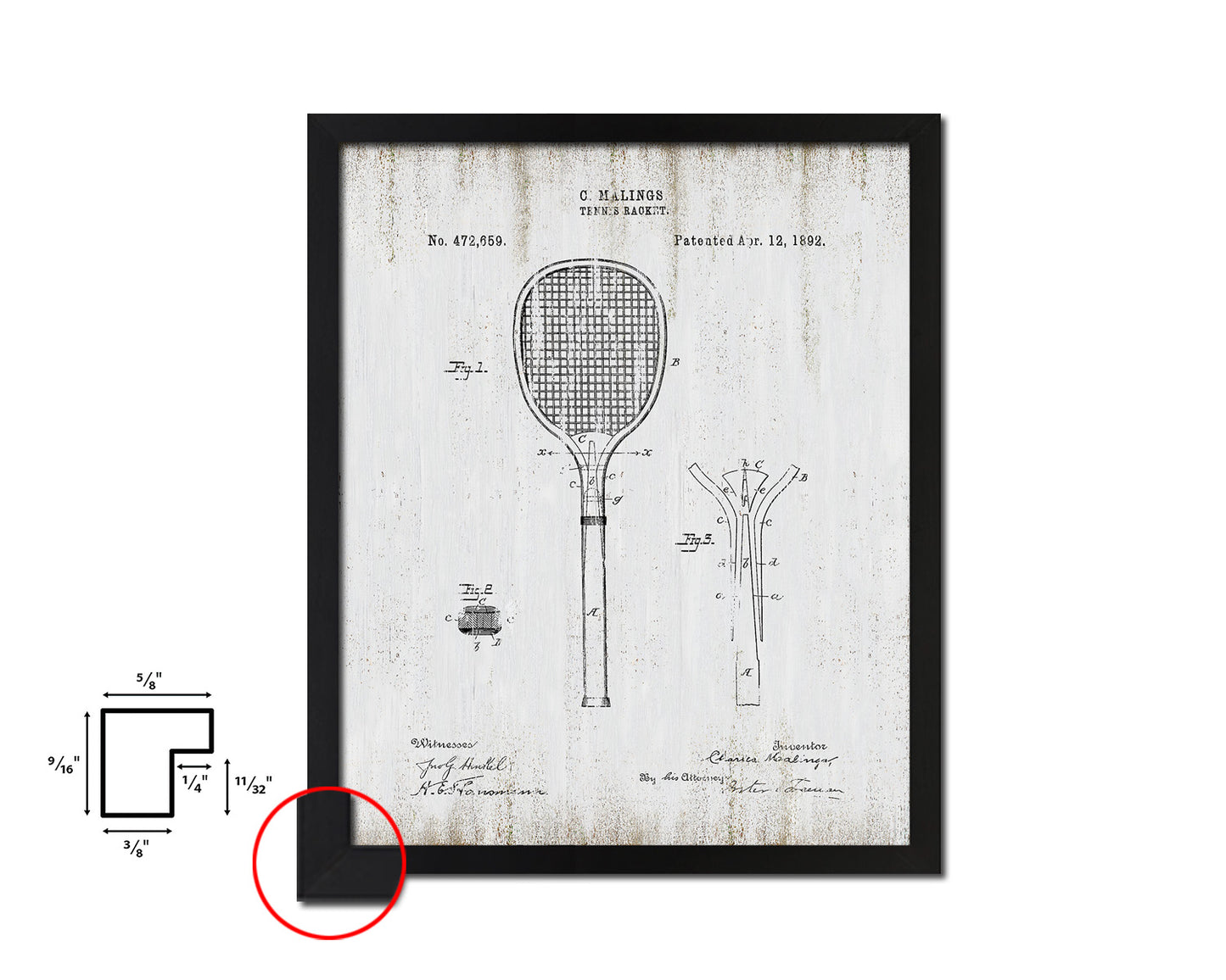 Tennis Racket Sports Vintage Patent Artwork Black Frame Print Gifts