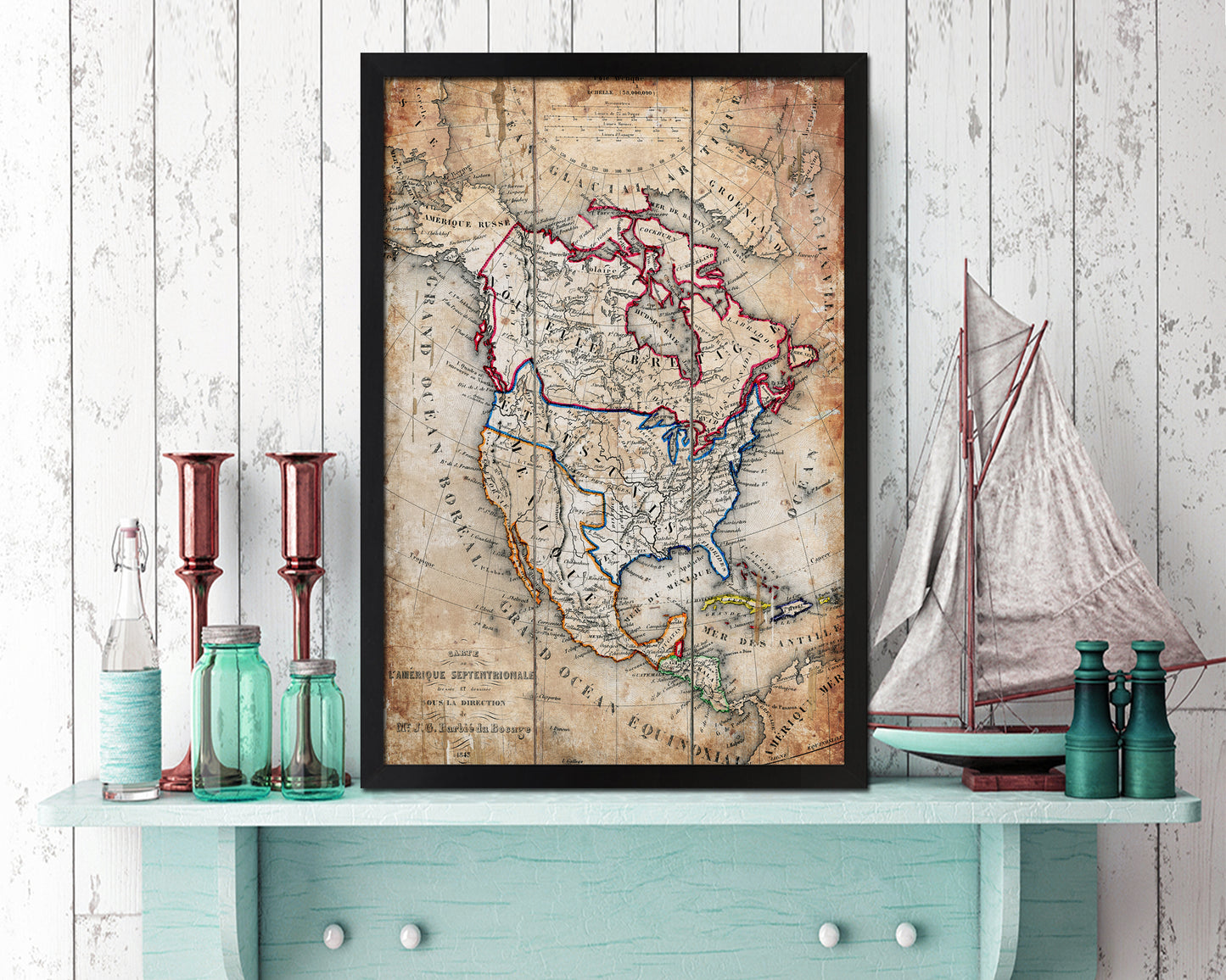 North America Antique Map Wood Framed Print Art Wall Decor Gifts