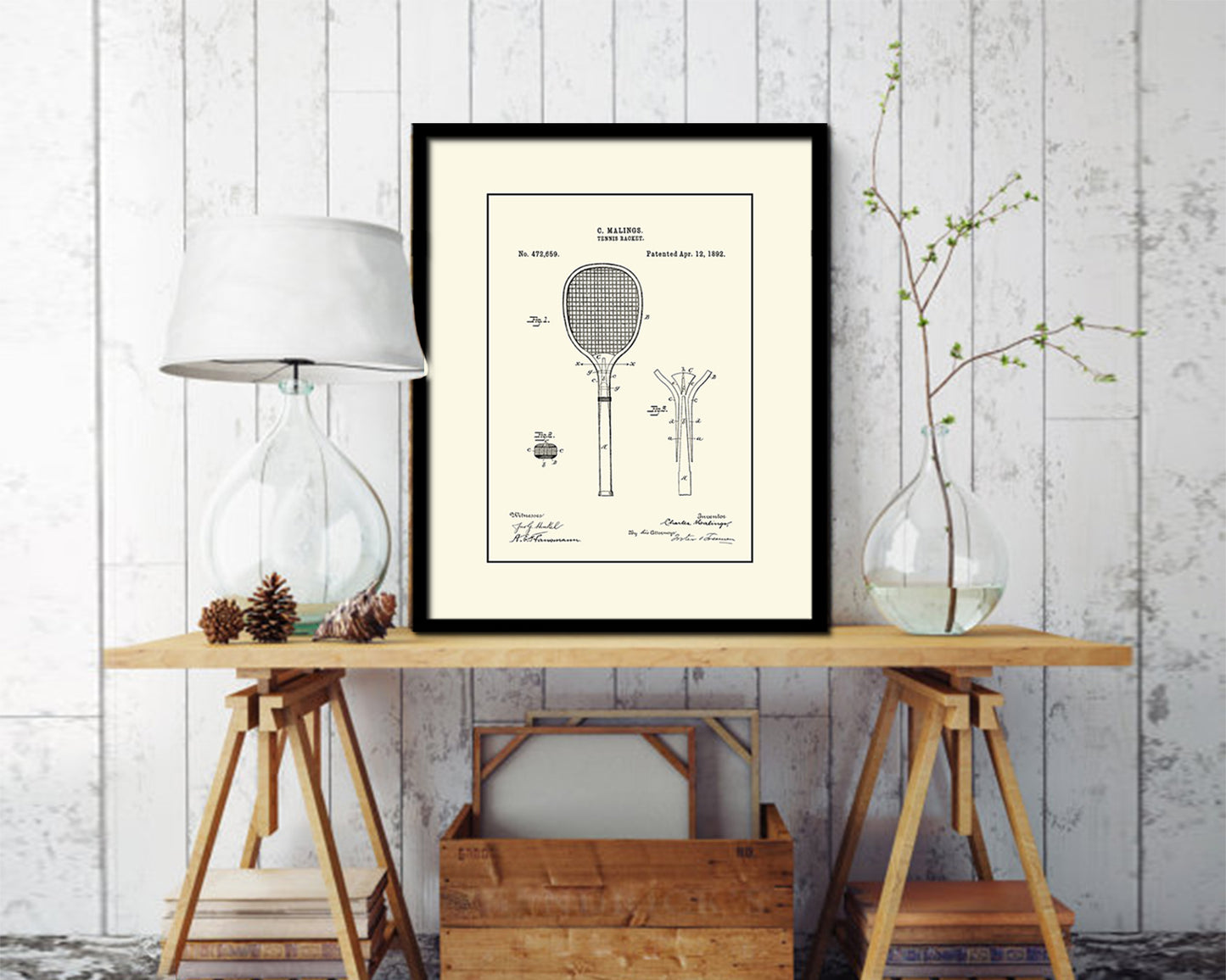 Tennis Racket Sports Vintage Patent Artwork Black Frame Print Gifts