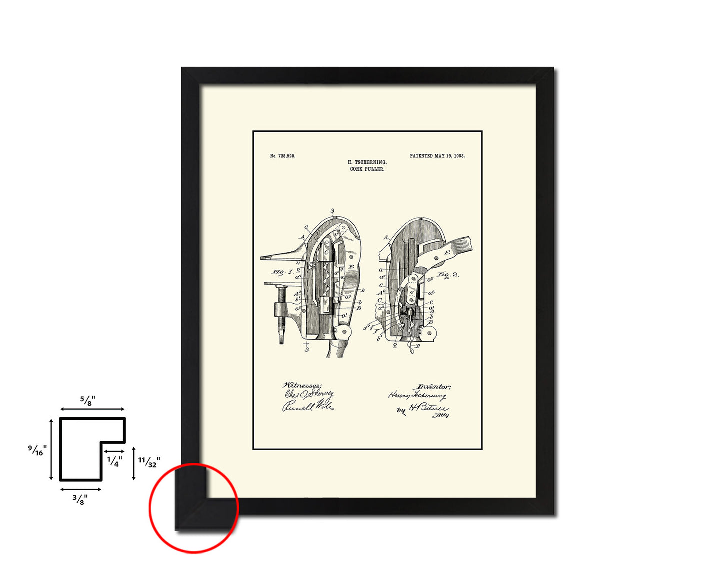 Cork Puller Kitchen Vintage Patent Artwork Black Frame Print Wall Art Decor Gifts